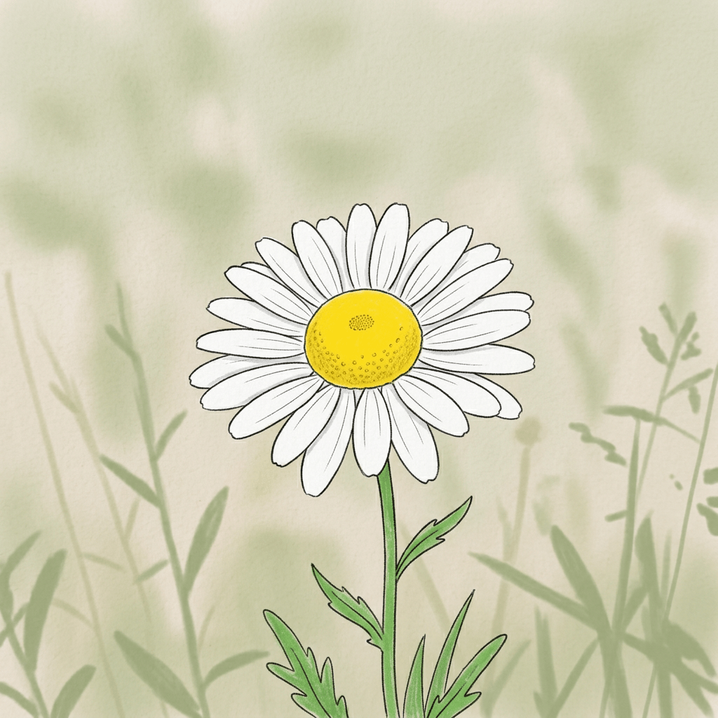 Single white daisy flower with yellow center against green leaves